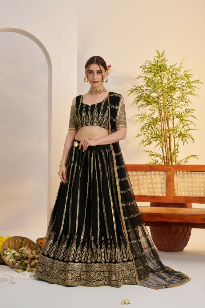 Black Butterfly Net Lehenga with Zari and Cotton Thread Work