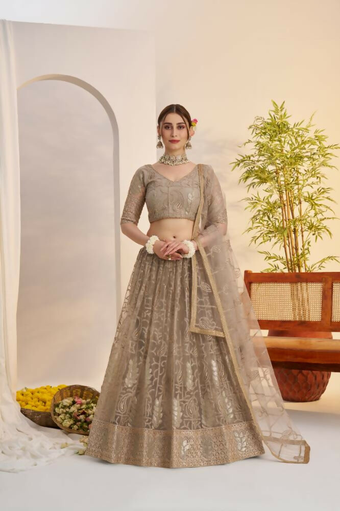 Metallic Gray Butterfly Net lehenga with tone-to-tone embroidery