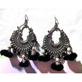 Black woolen thread Chandbali earrings with silver oxidized finish