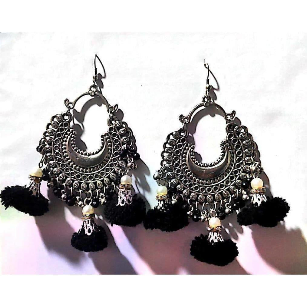 Black woolen thread Chandbali earrings with silver oxidized finish