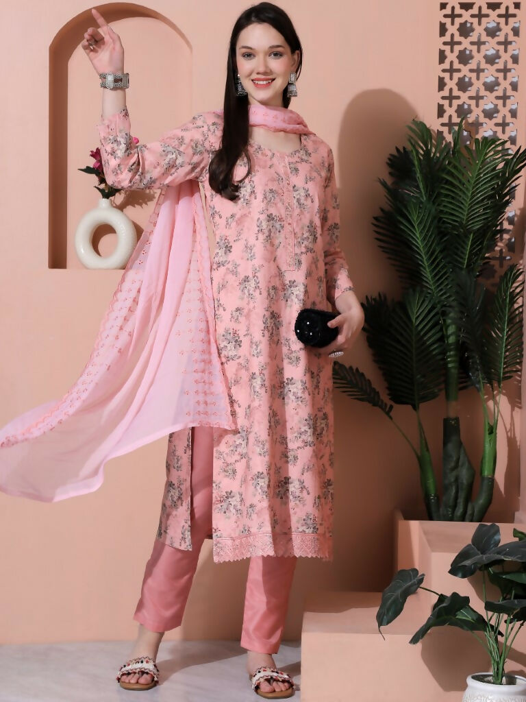 Women's Pink Cotton Floral Digital Print Kurta Trouser & Dupatta