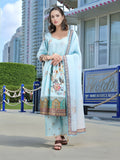 Sky Blue linen kurta set with digital print and foil work detail