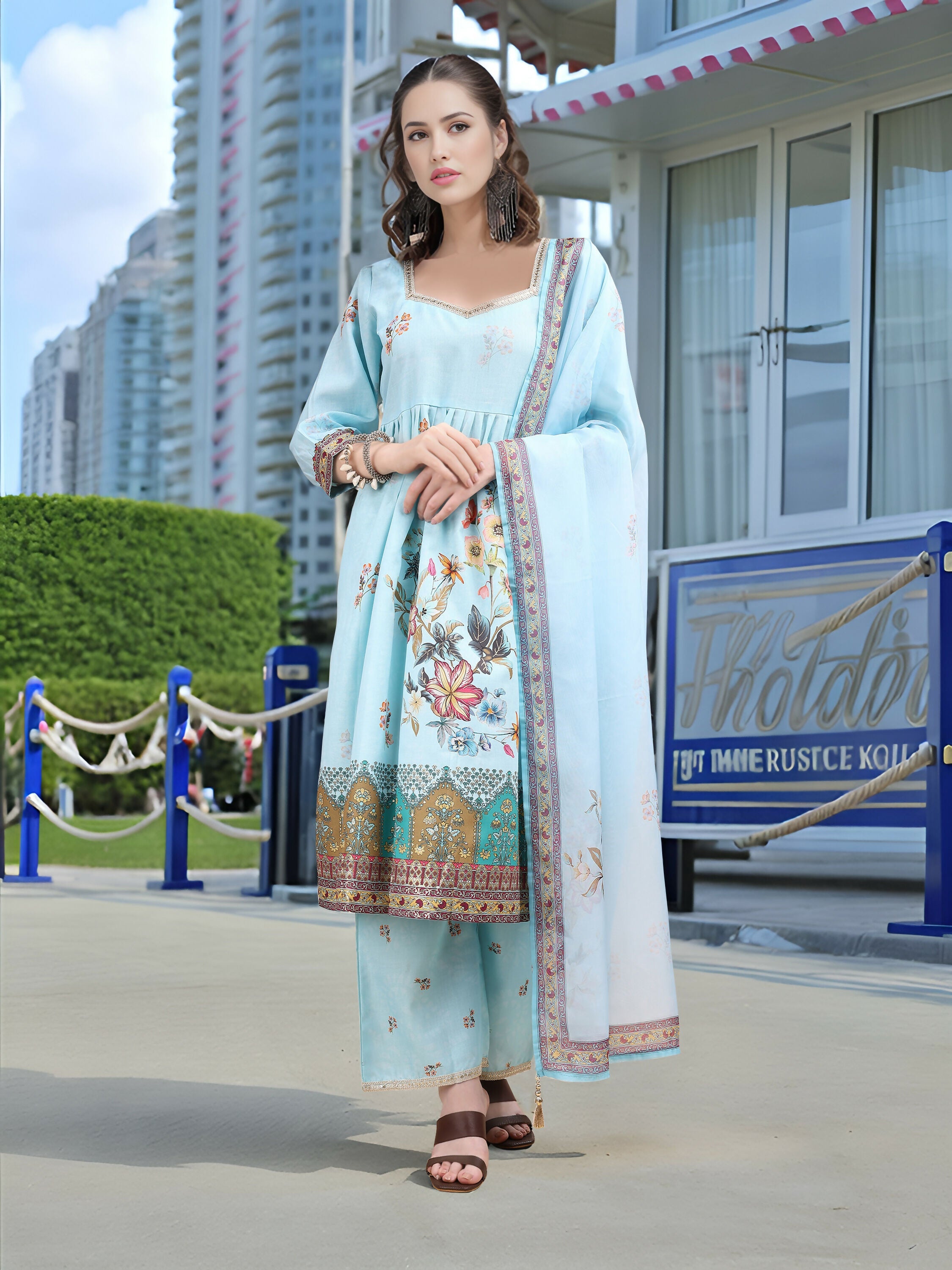Sky Blue linen kurta set with digital print and foil work detail