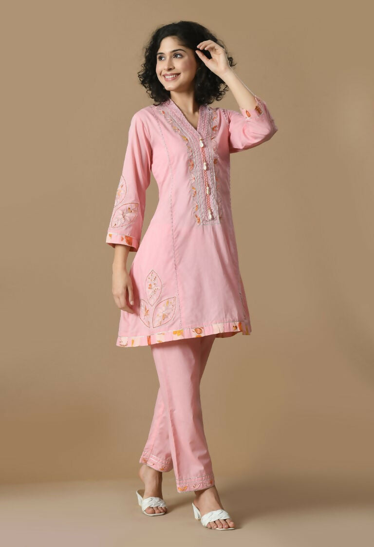 Pink Cotton Kurta Set with Organza Dupatta - 3 Piece Ethnic Set