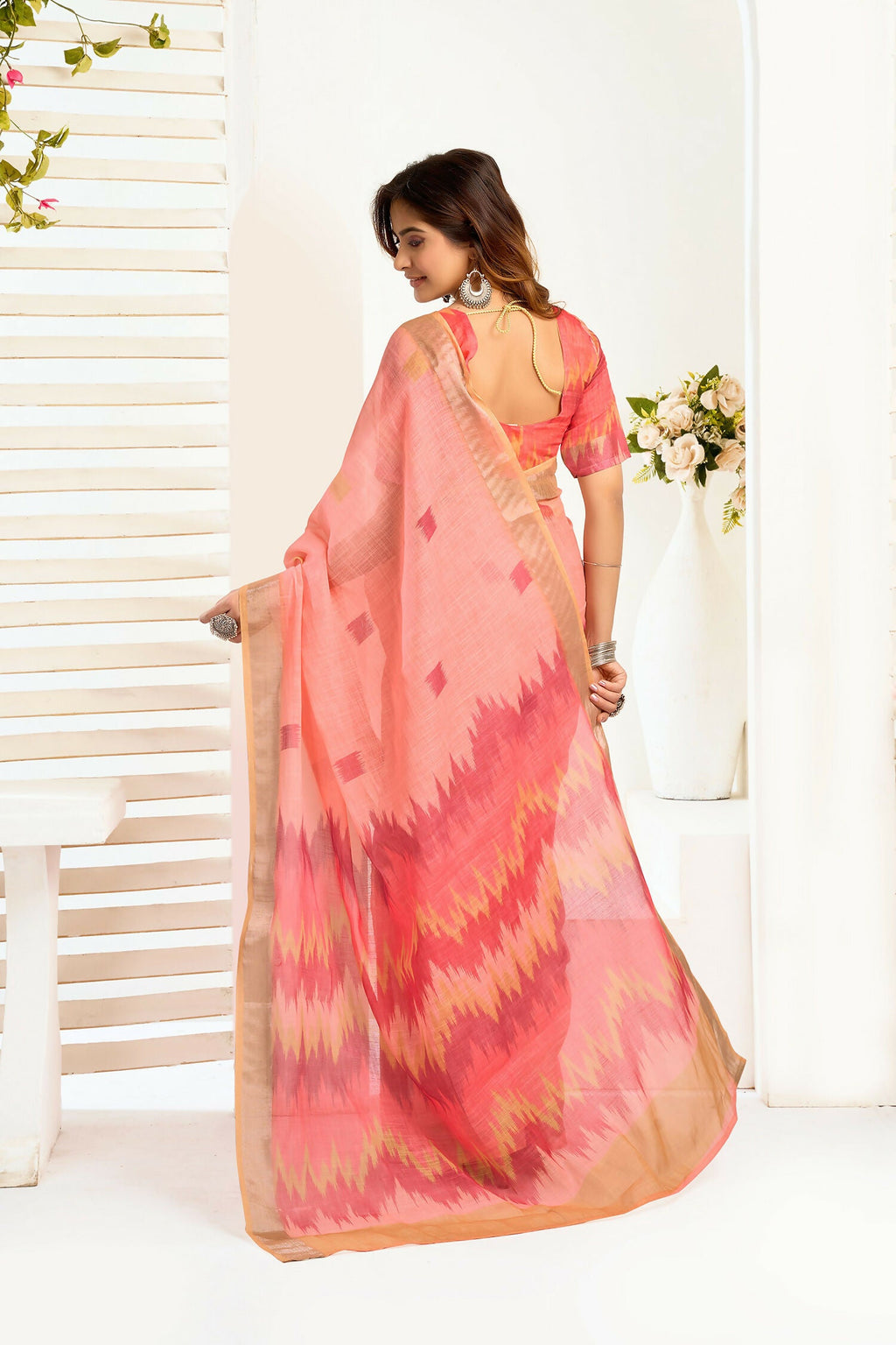 Peach Ikkat Print Linen Ready To Wear Saree with Blouse Piece