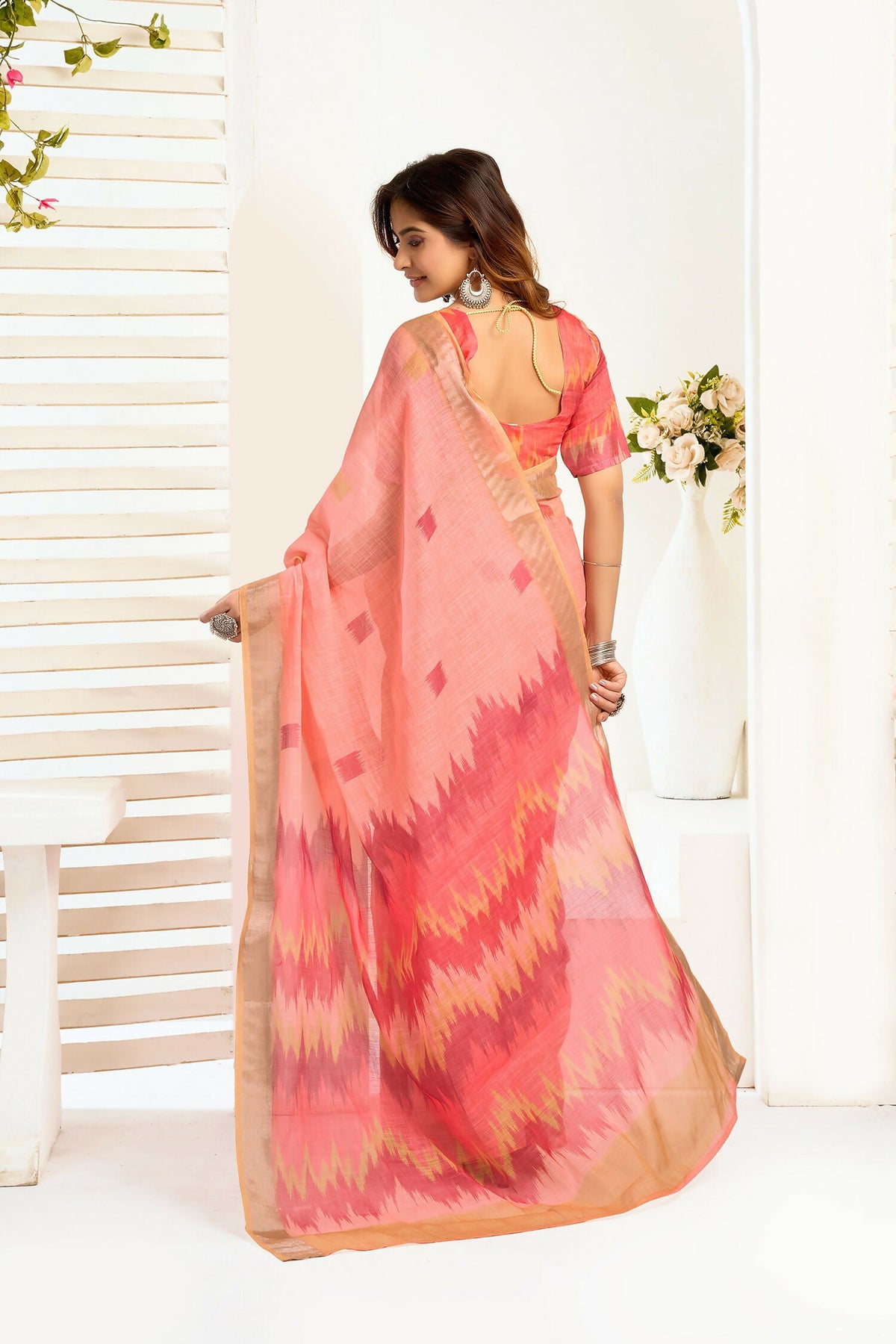 Peach Ikkat Print Linen Ready To Wear Saree with Blouse Piece