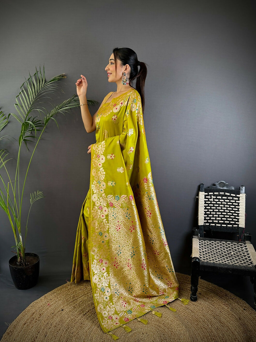 Meenakari Lime Green Woven Soft Silk Saree with Matching Blouse