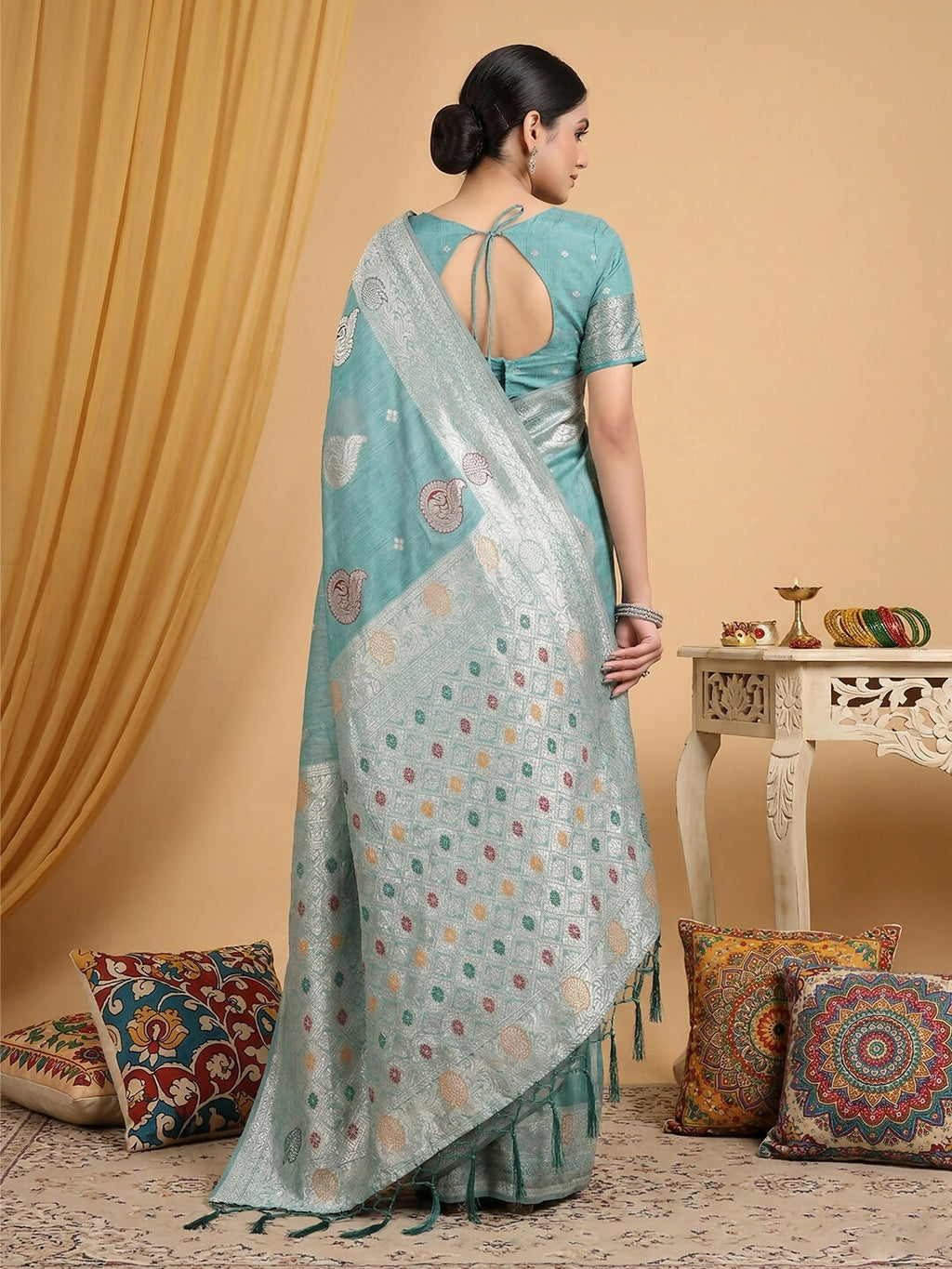 Sea Green Linen Cotton Saree for Women