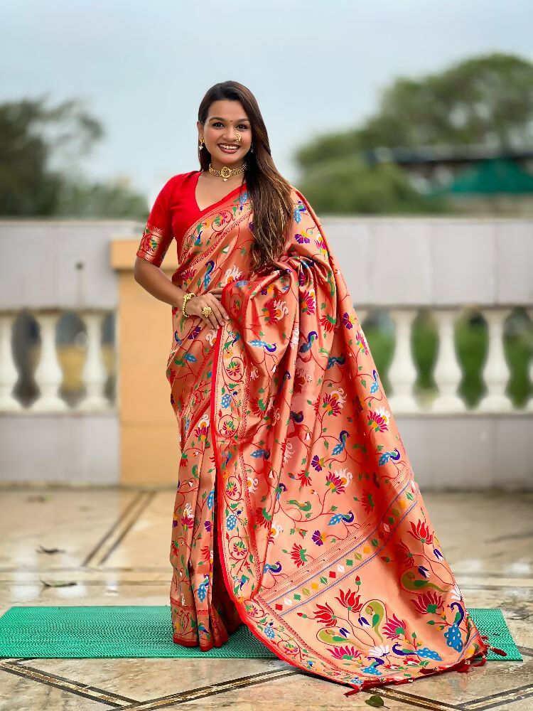 Red Kanjivaram Paithani Silk Saree with Zari Meenakari