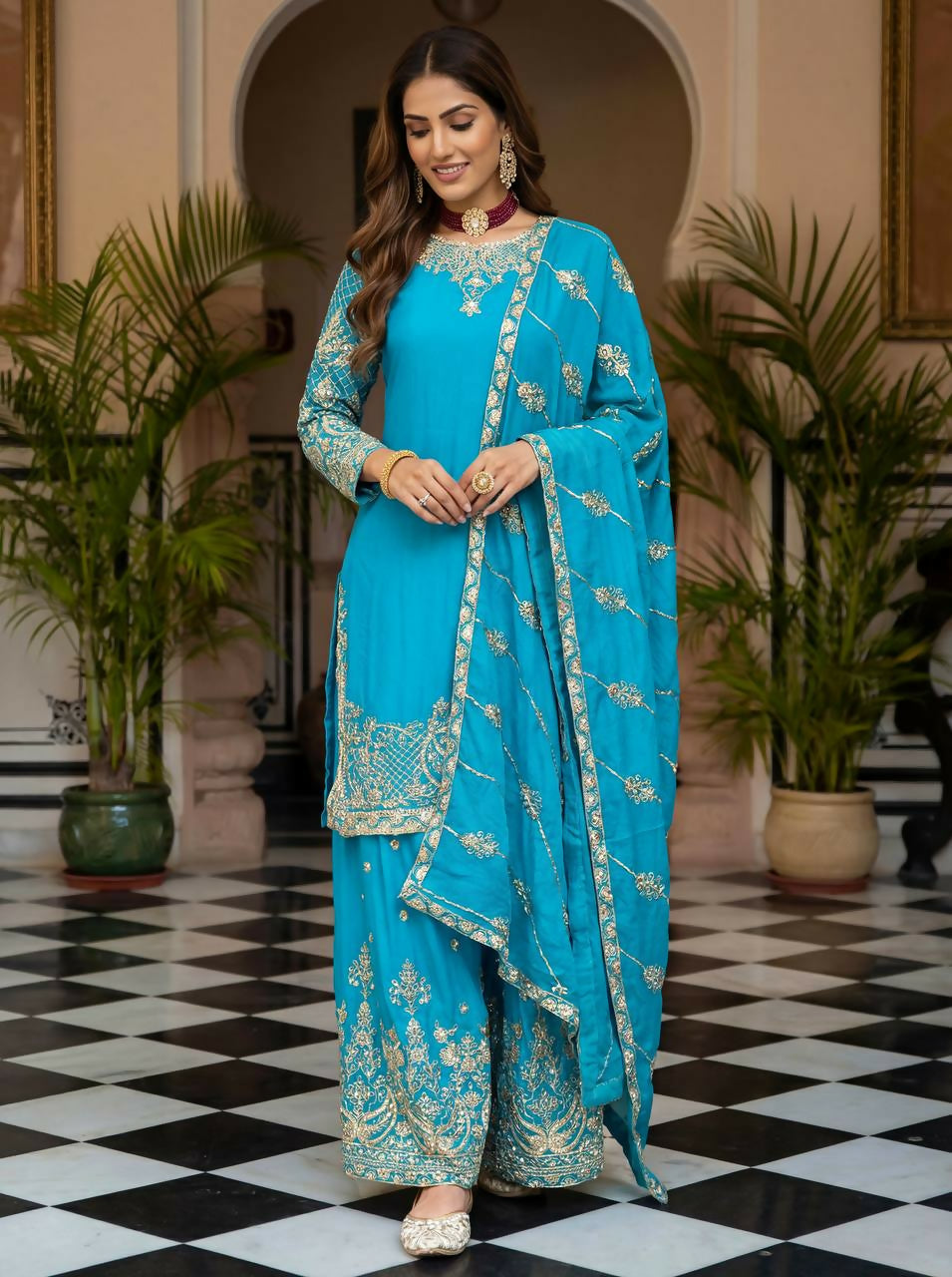 Sky Silk Embroidered Sharara Set - Elegant Occasion Wear