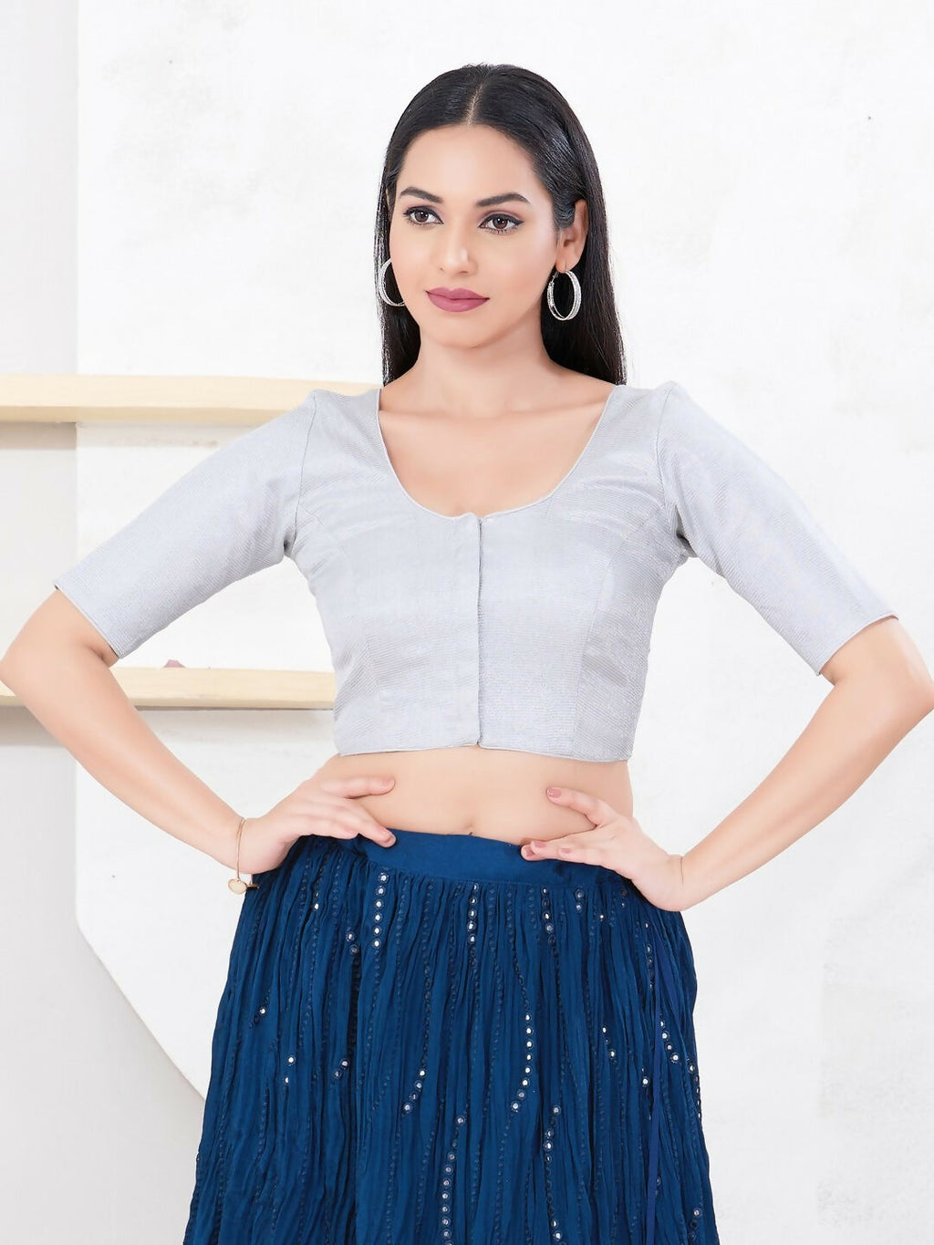 Silver tissue fabric elbow-length sleeve blouse with round neck, front-open design