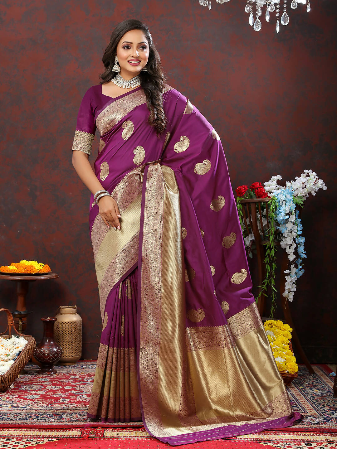 Wine Soft Silk Saree with Gold Zari Weaving and Silk Blouse