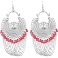 Half moon earrings with red pearls and dangling chains for fashionable women