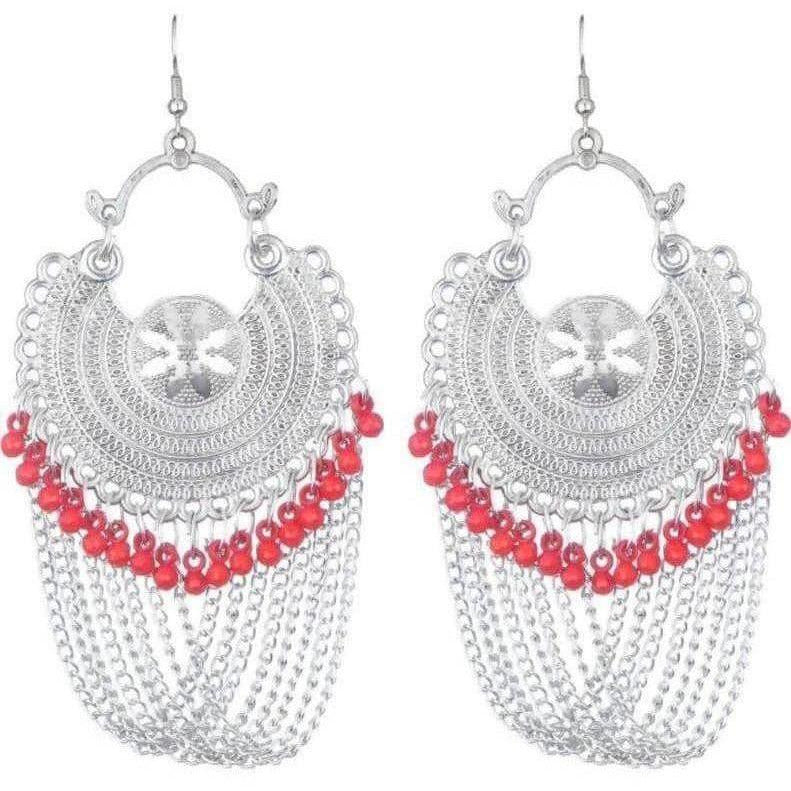 Half moon earrings with red pearls and dangling chains for fashionable women
