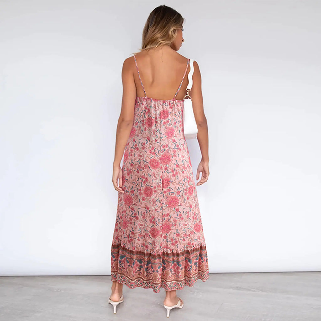 Women's Floral Boho V-Neck Midi Dress Casual Summer Beachwear - Image 5