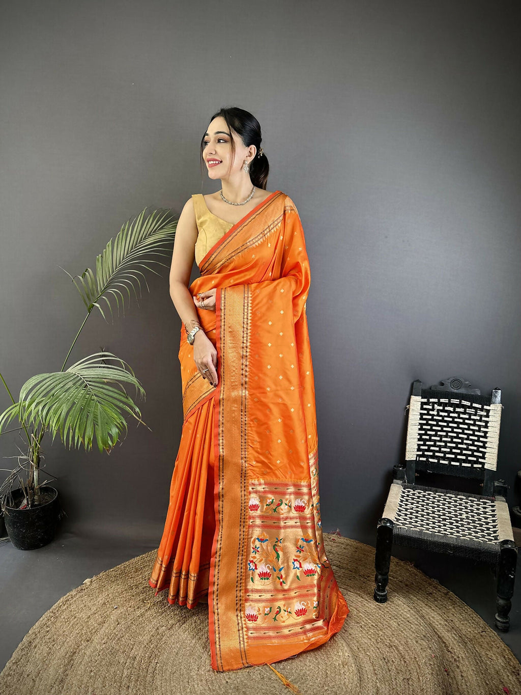 Orange woven butti pattern Lichi silk Paithani saree with matching blouse