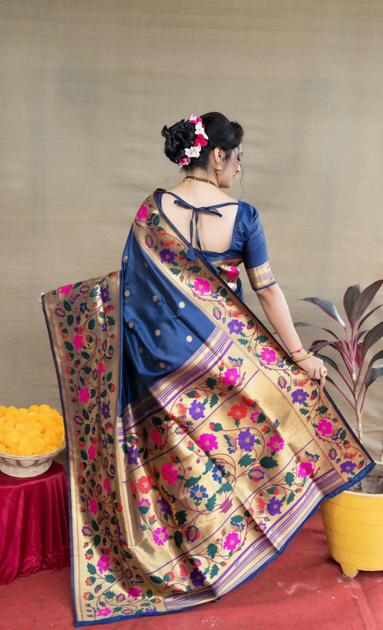 Navy Blue Paithani Silk Saree with Zari Woven Border and Blouse