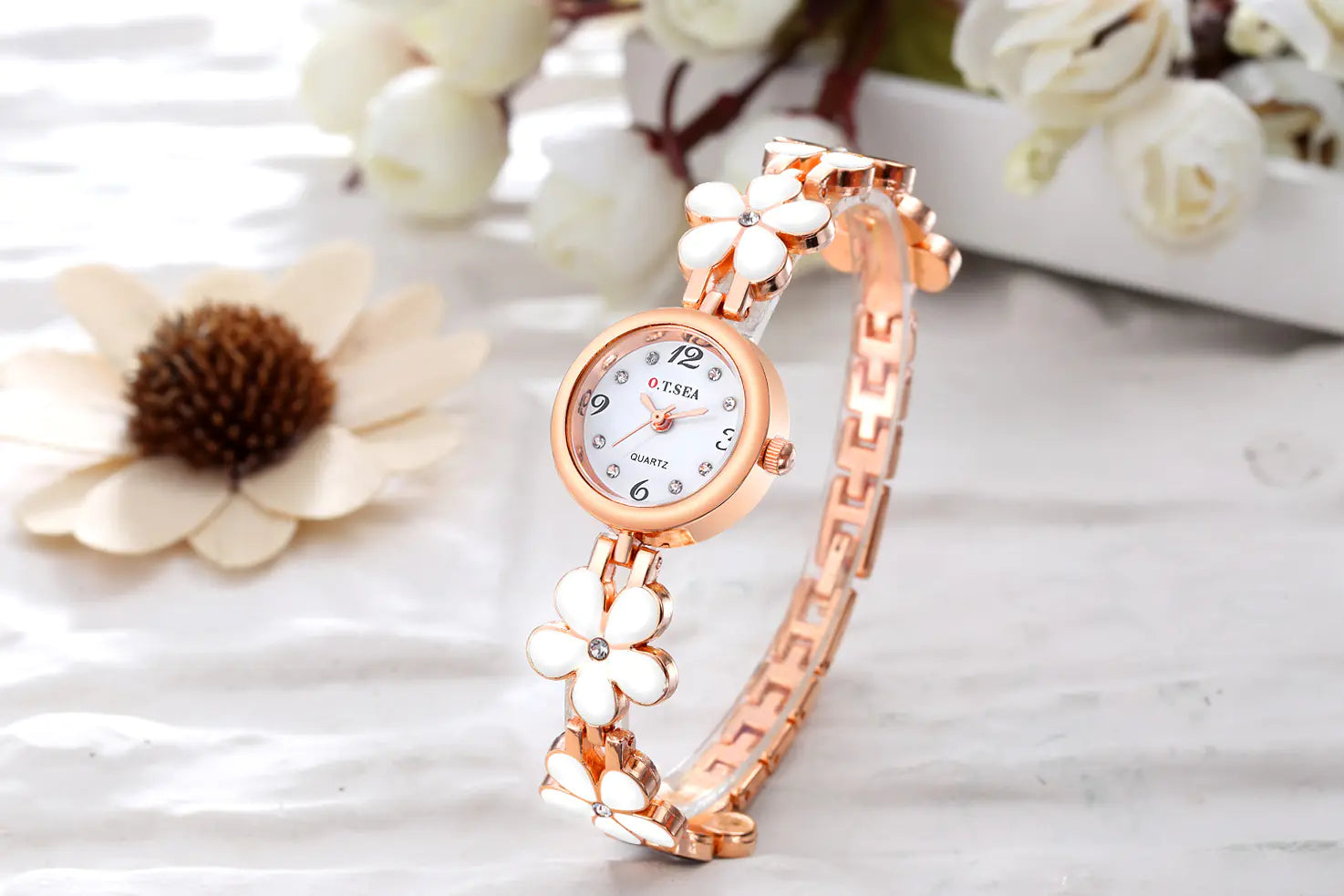 Women's Rose Gold Quartz Bracelet Watch with Floral Links - Image 3