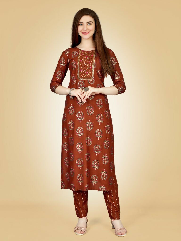 Jyoti Fashion Women's Rust Viscose Rayon Embroidered Kurta Pant Set