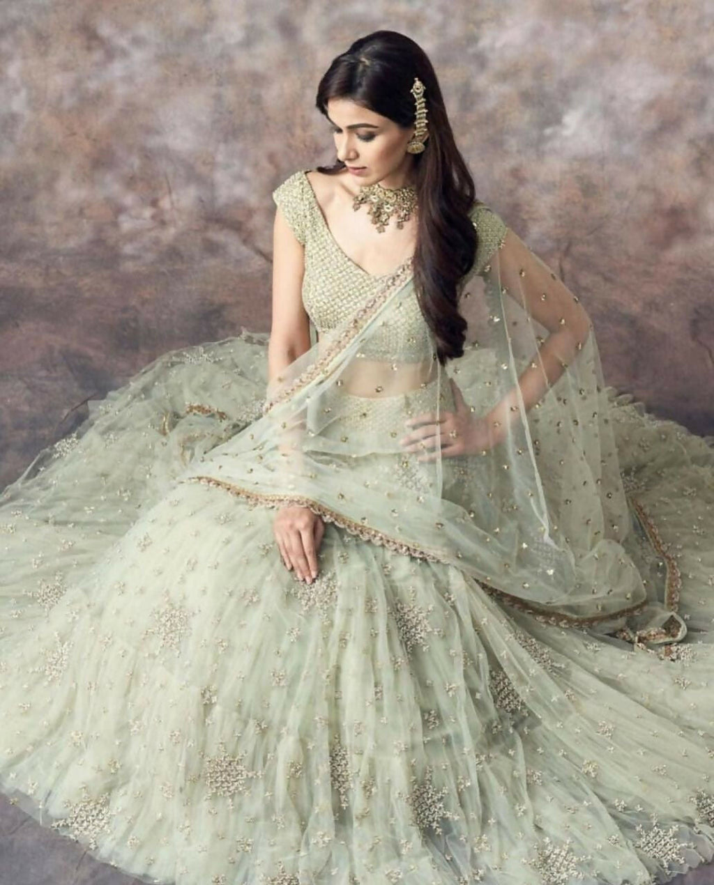 Aqua Green 3MM Sequin Embroidered Net Lehenga Choli with Dupatta