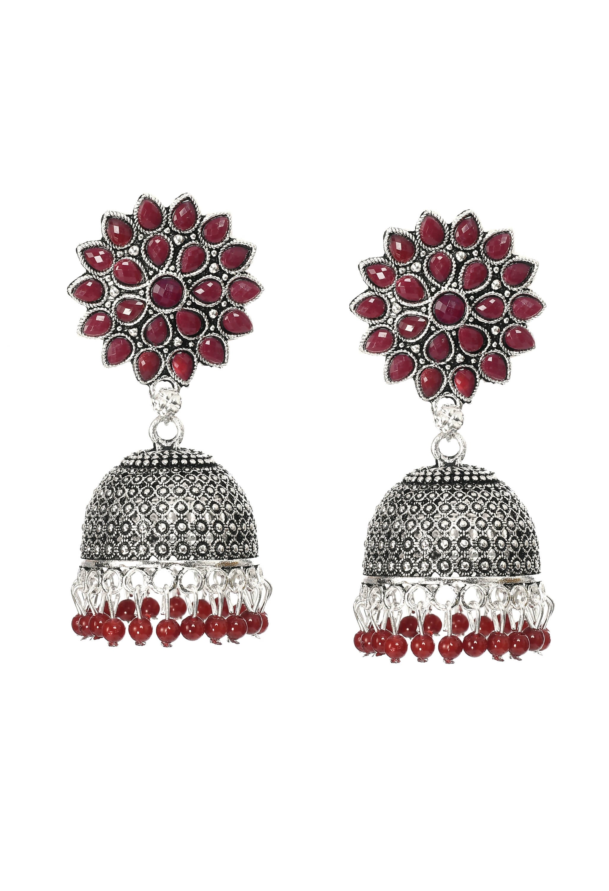 A pair of traditional Kundan Jhumka earrings with rich maroon bead detailing.