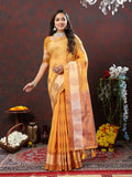 Orange cotton saree with woven zari detailing and matching blouse