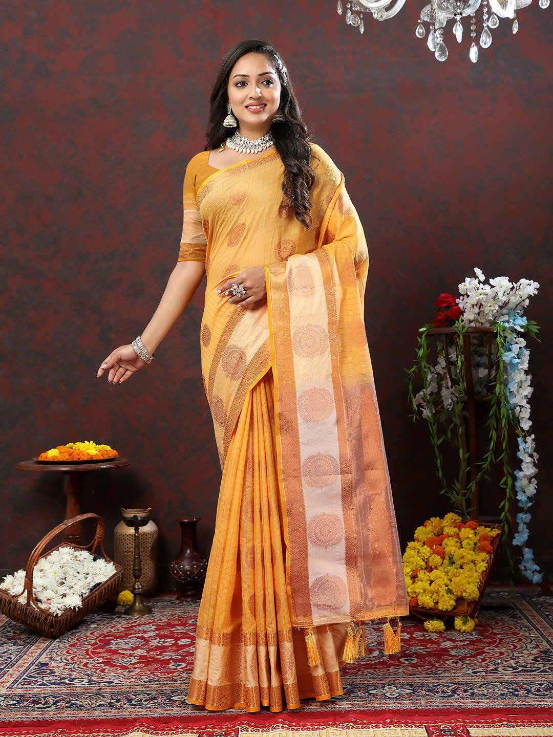 Orange cotton saree with woven zari detailing and matching blouse