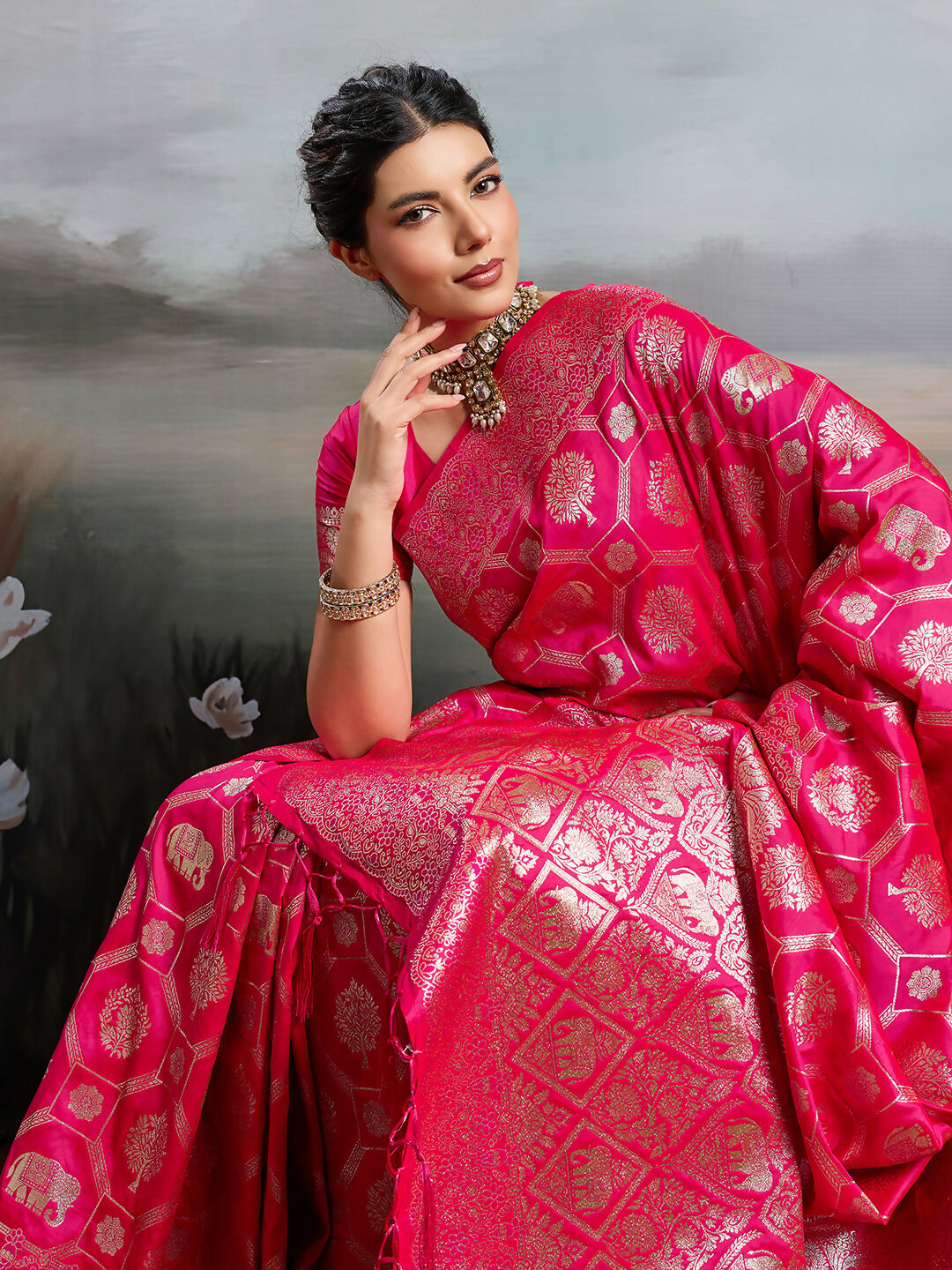 Rani Pink Silk Blend Saree with Matching Blouse Piece