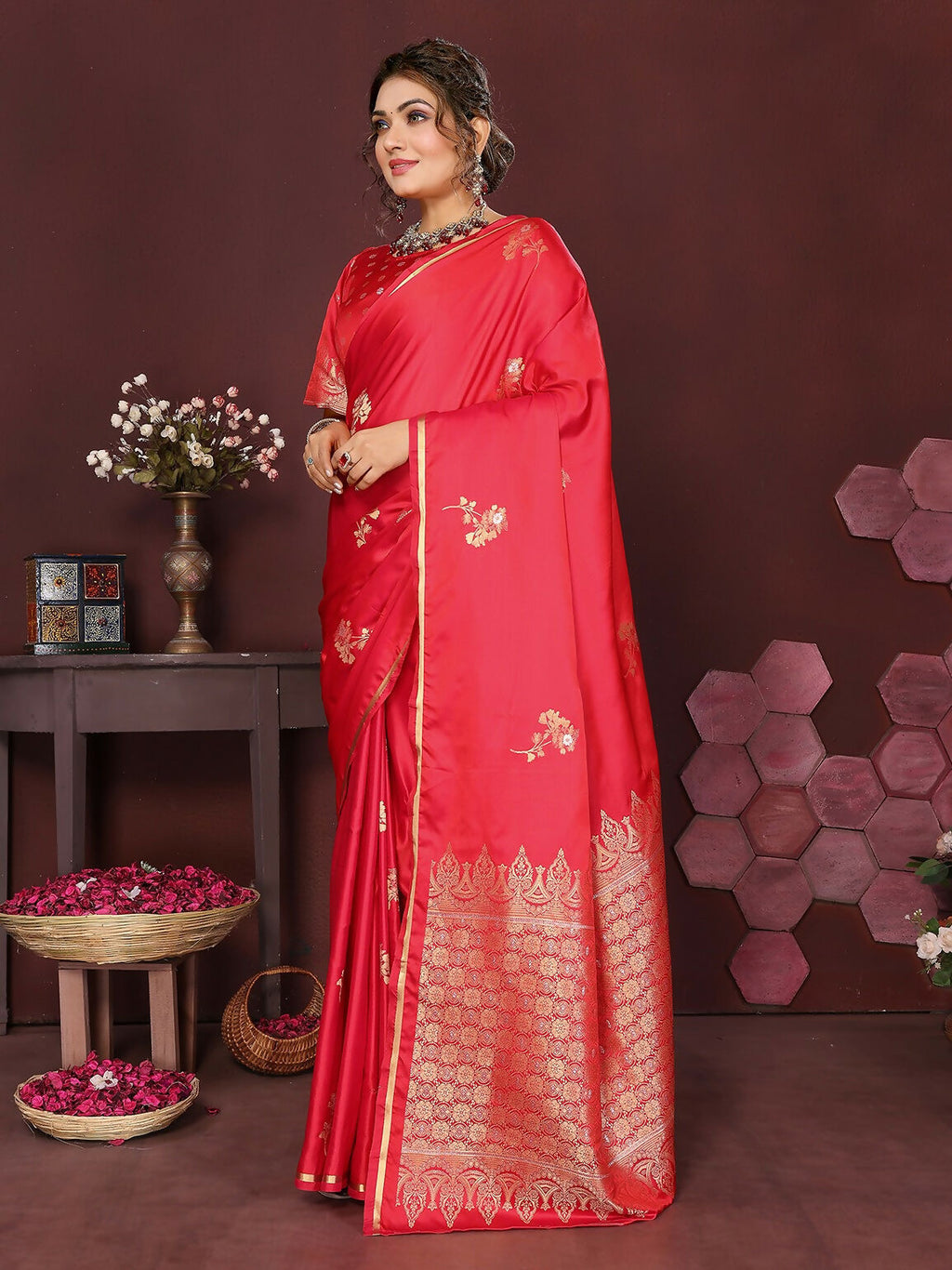 Reddish Pink Floral Banarasi Satin Silk Saree for Women