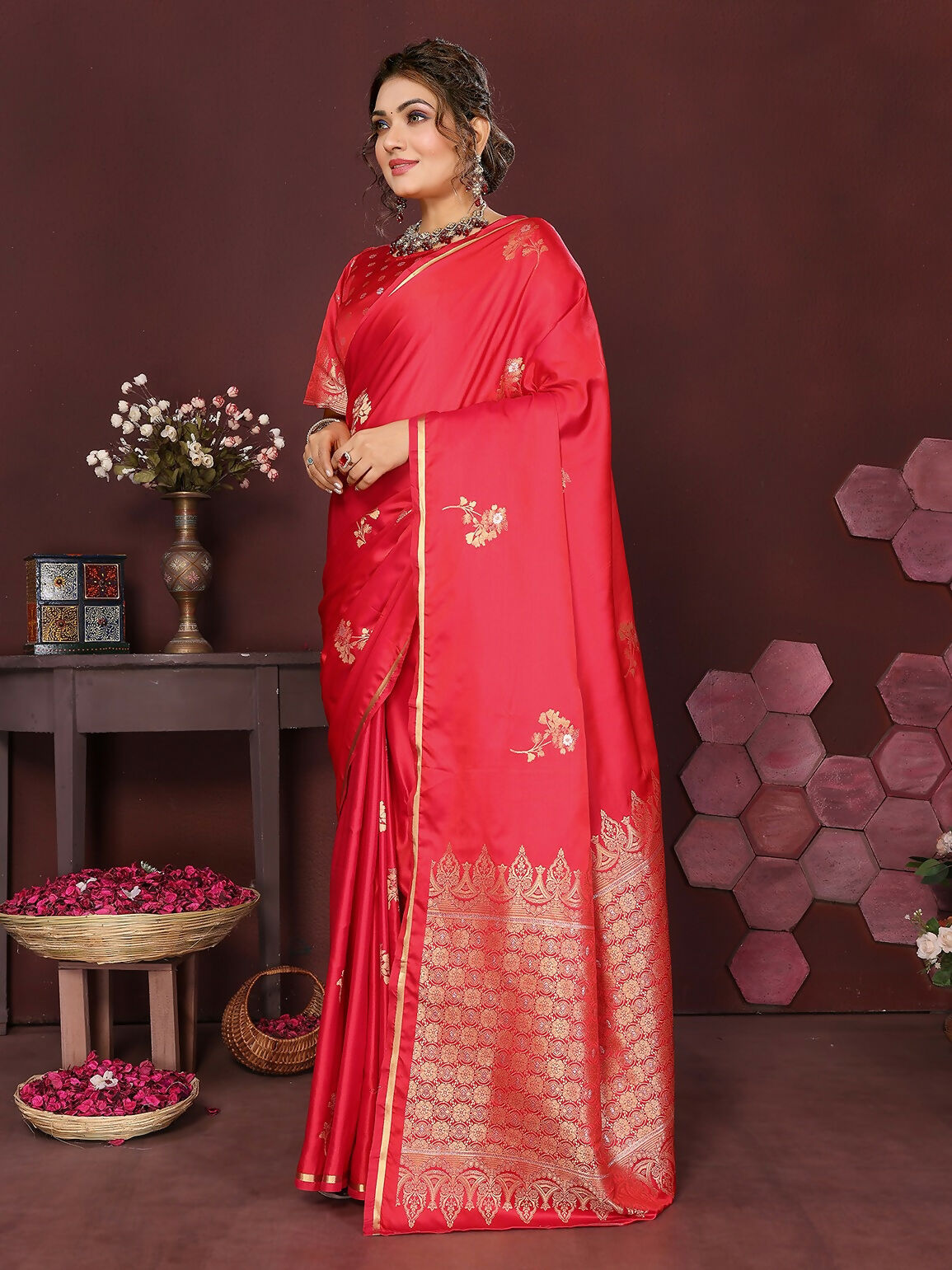 Reddish Pink Floral Banarasi Satin Silk Saree for Women