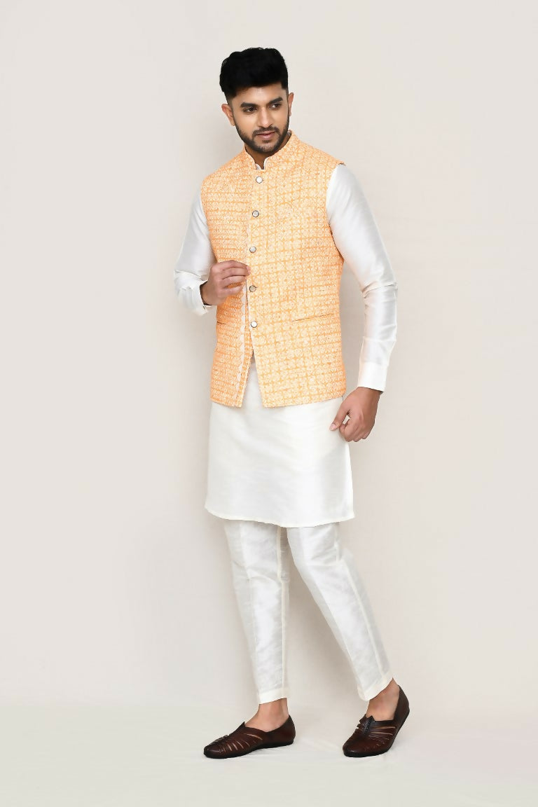 Stylish white art silk kurta set featuring an ethnic jacket and straight trousers