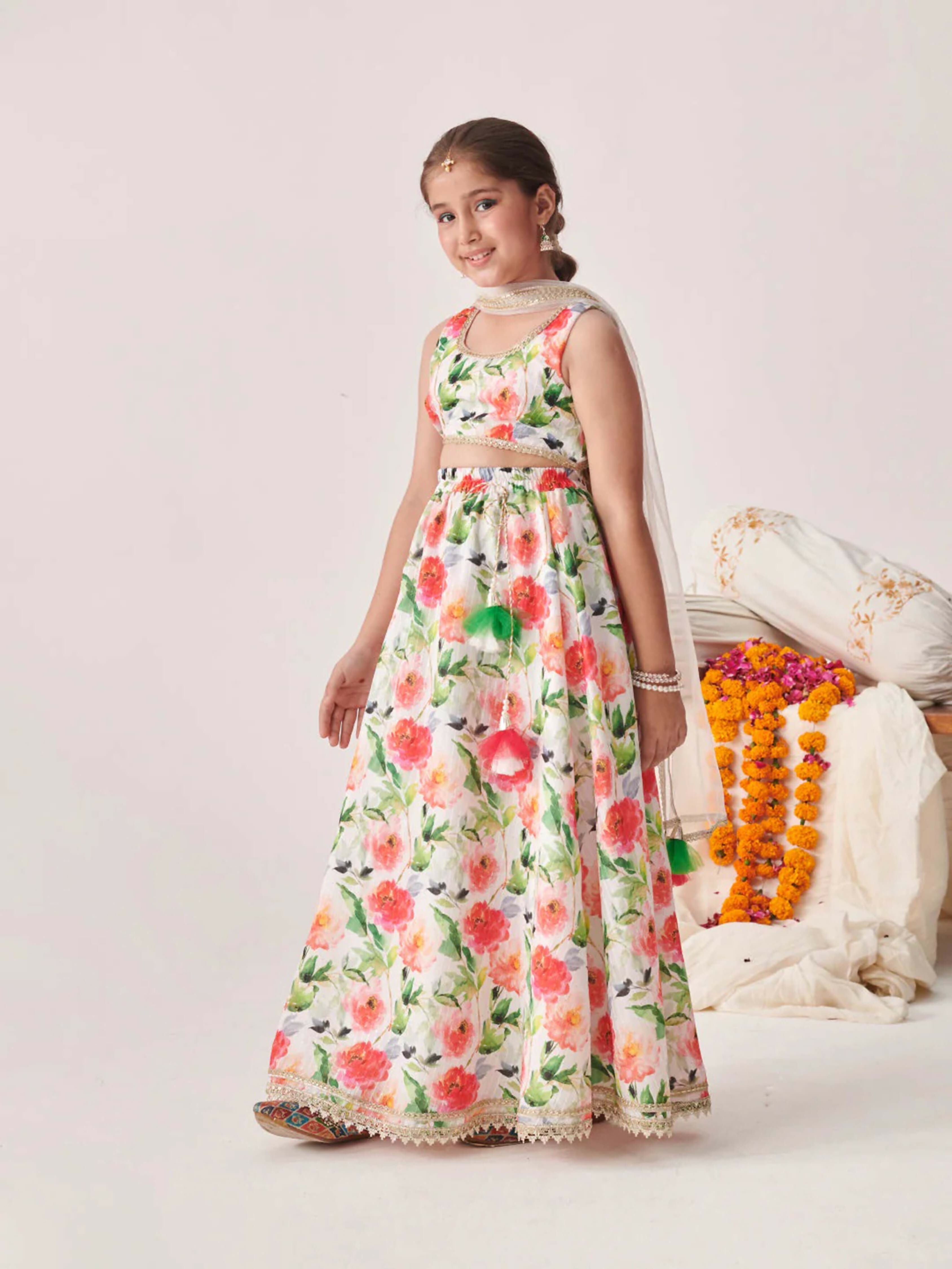 Girl's Multi Color Silk Blend Lehenga Choli with Net Dupatta