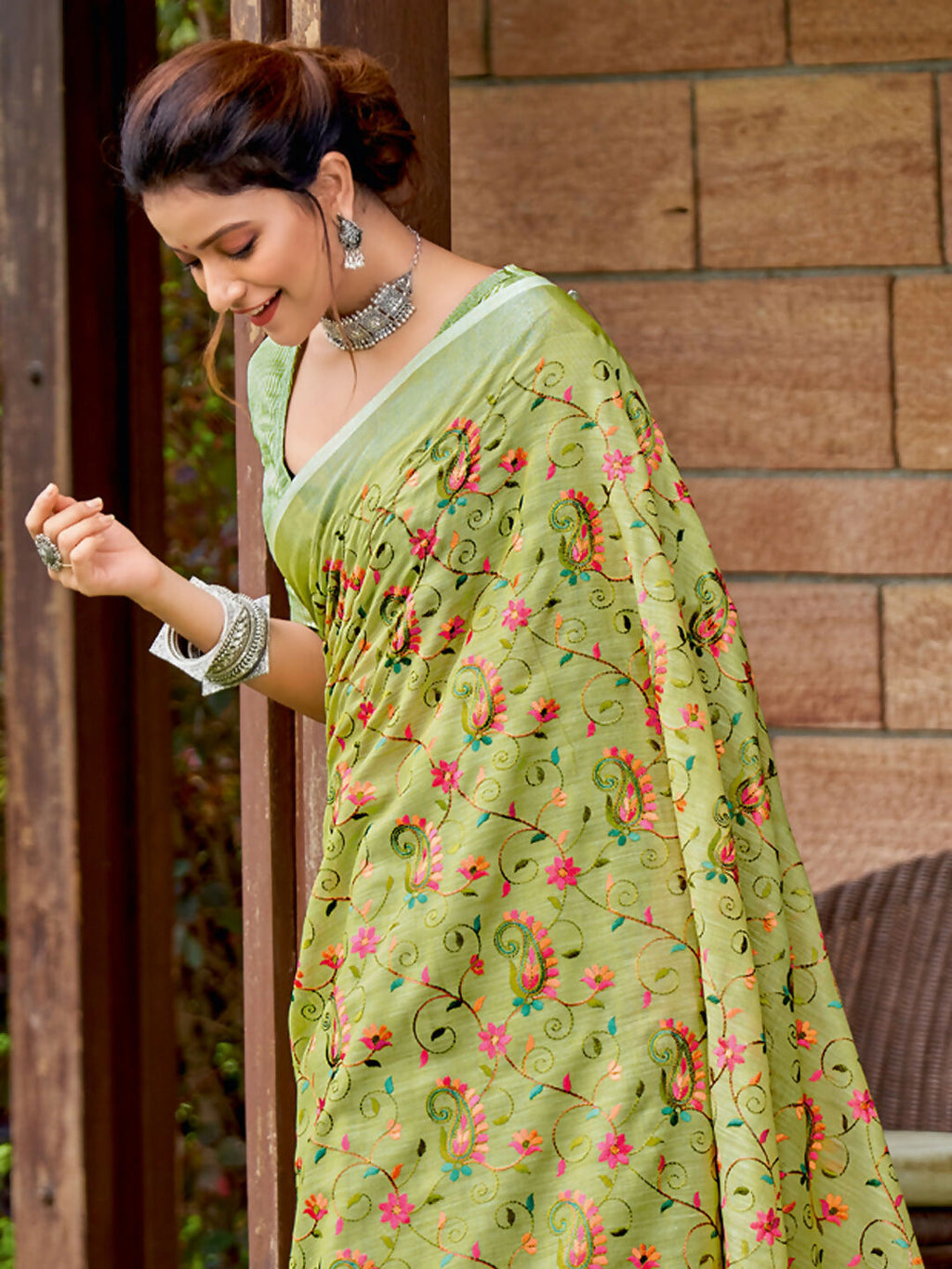 Yellow Green Linen Saree with Matching Blouse Piece