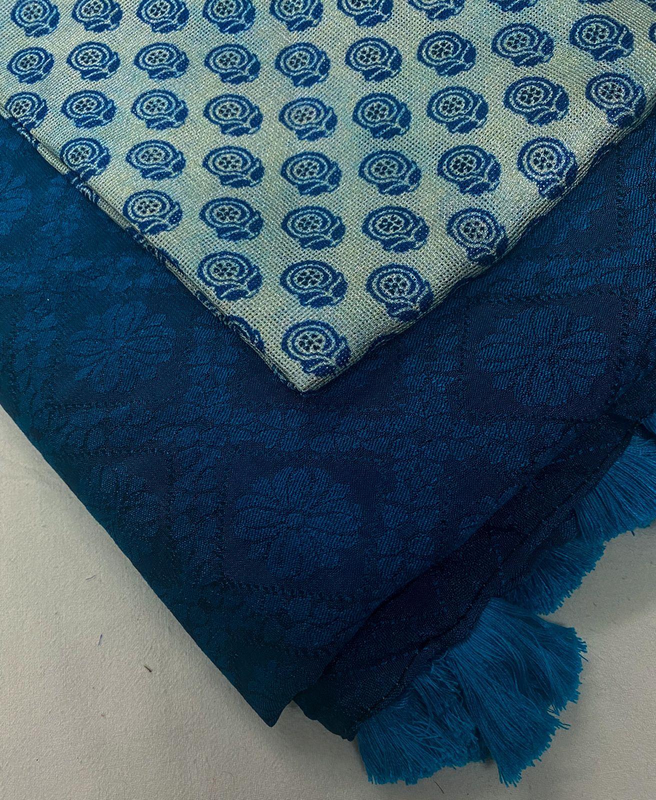 Blue Jute Silk Jacquard Saree with Batik Print Blouse