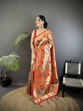Reddish Pink Soft Silk Paithani Saree with intricate Mughal motifs and matching blouse