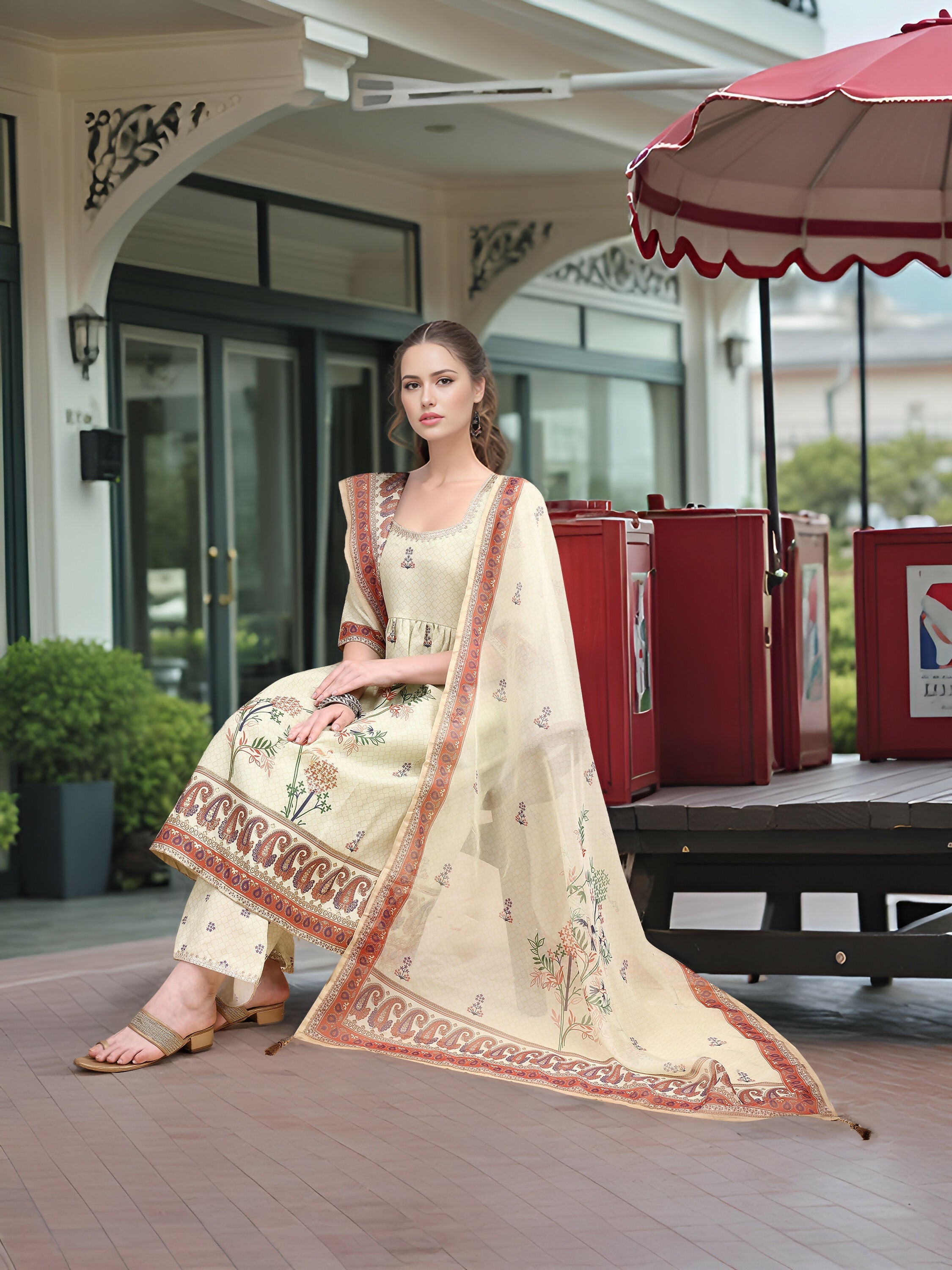 Pista Digital Print Kurta Set with Foil Detail and Linen Fabric
