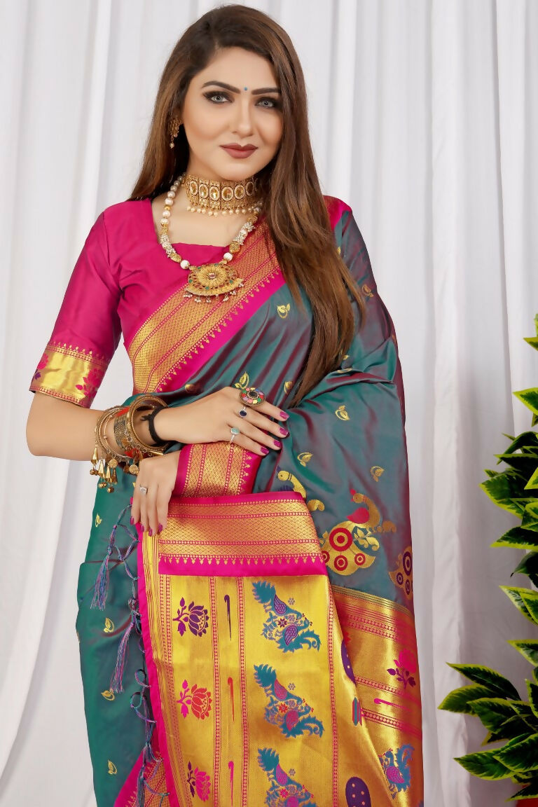 Grey Paithani Silk Saree with Magenta Blouse