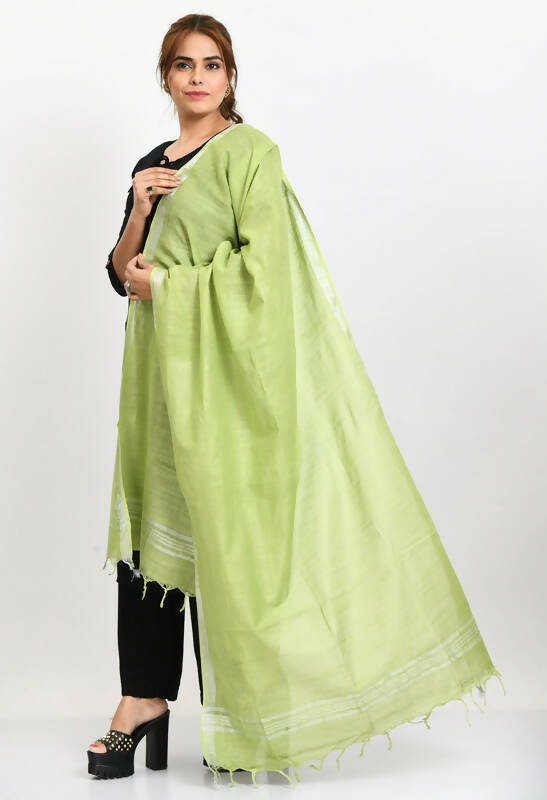Parrot Green Linen Cotton Dupatta with Silver Border for Women