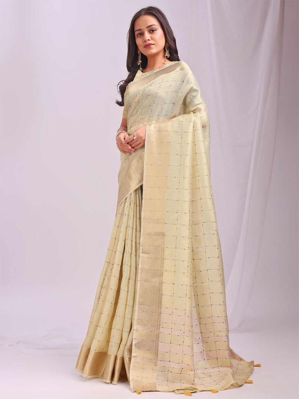 Gold Organza Saree with Yellow Blouse for Festive Occasions