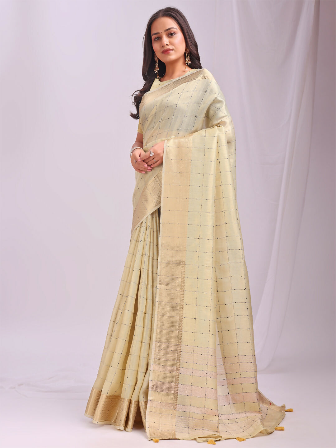 Gold Organza Saree with Yellow Blouse for Festive Occasions