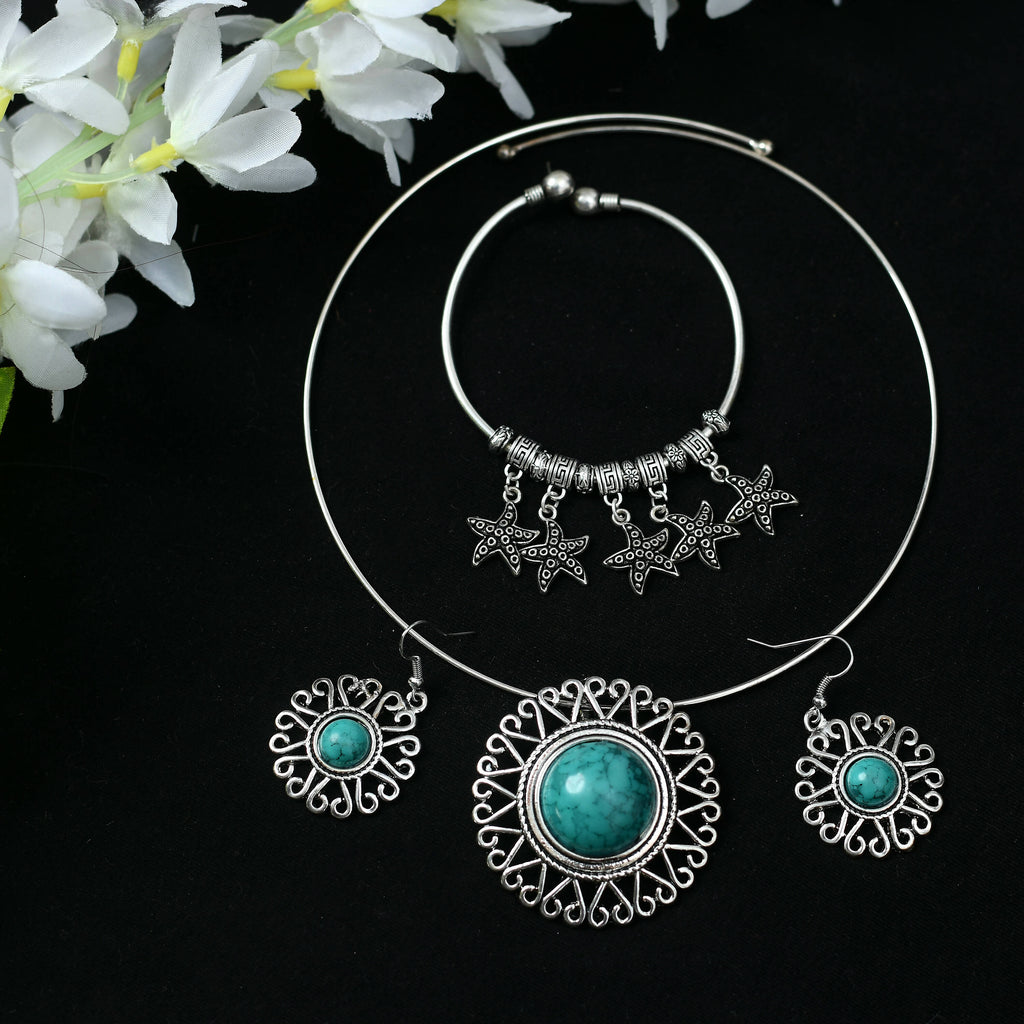 Handcrafted oxidised silver-plated brass choker with intricate stone work