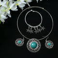 Handcrafted oxidised silver-plated brass choker with intricate stone work