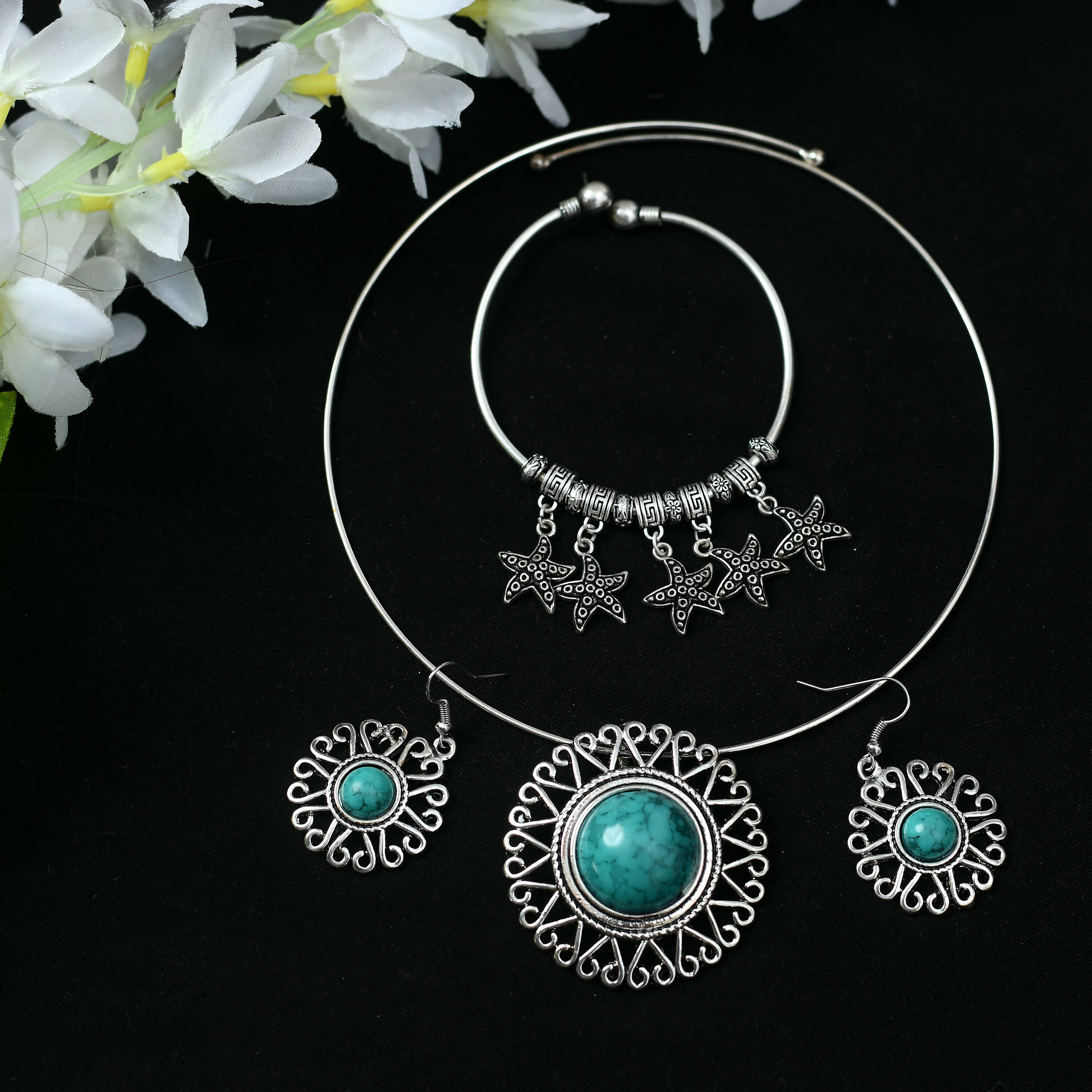 Handcrafted oxidised silver-plated brass choker with intricate stone work