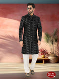 Men's black velvet Indo-Western kurta set with detailed thread and sequence embroidery.