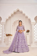 Lavender Butterfly Net Lehenga with white cotton thread and zari work embroidery for wedding wear