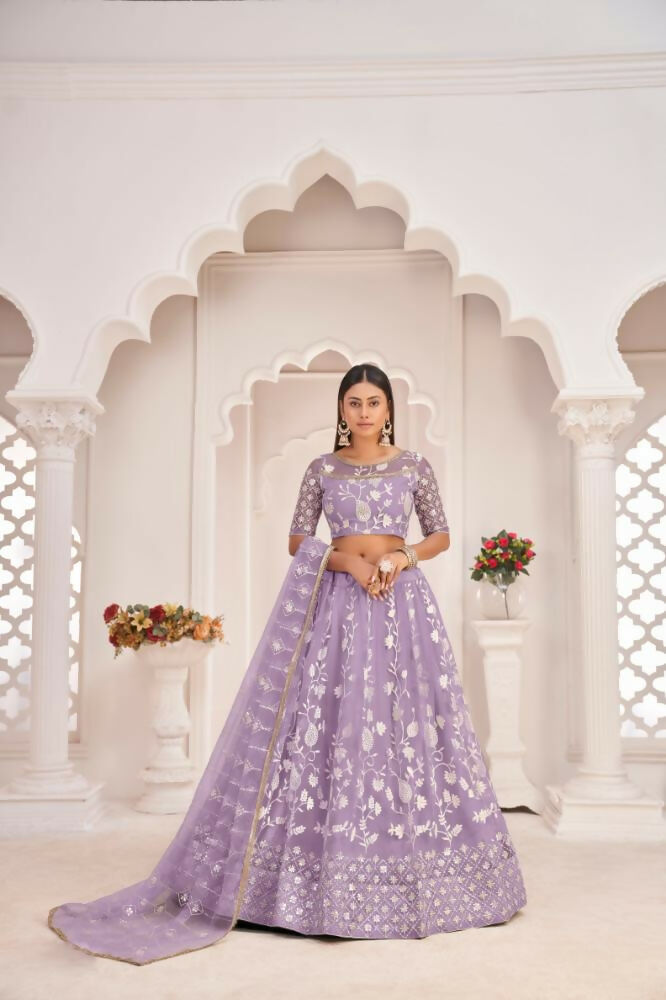 Lavender Butterfly Net Lehenga with white cotton thread and zari work embroidery for wedding wear