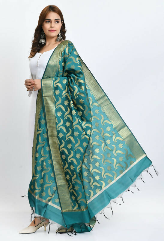 Rama Green Banarasi Silk Dupatta with Floral Woven Gold Design