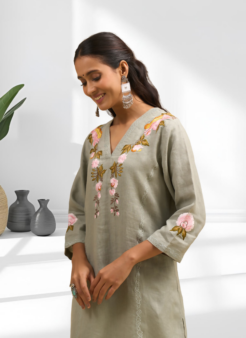 Pista Green Linen Embroidered Cord Set - Festive Readymade Co-ord