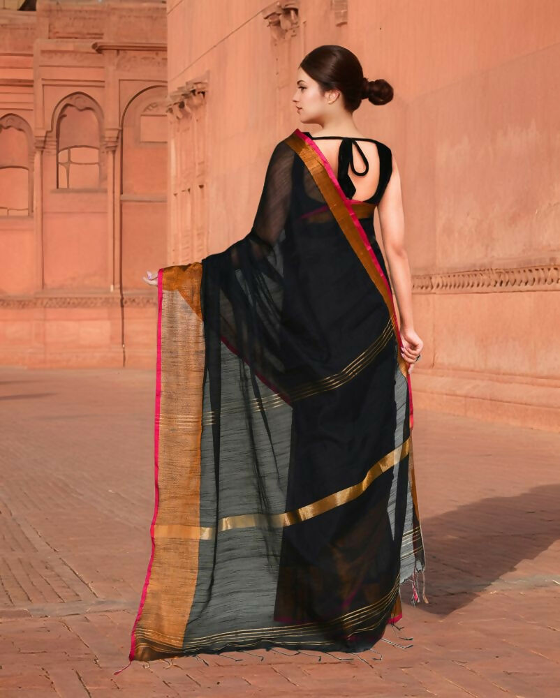 Women's Black & Pink Cotton Saree - Trendy Traditional Ethnic Wear