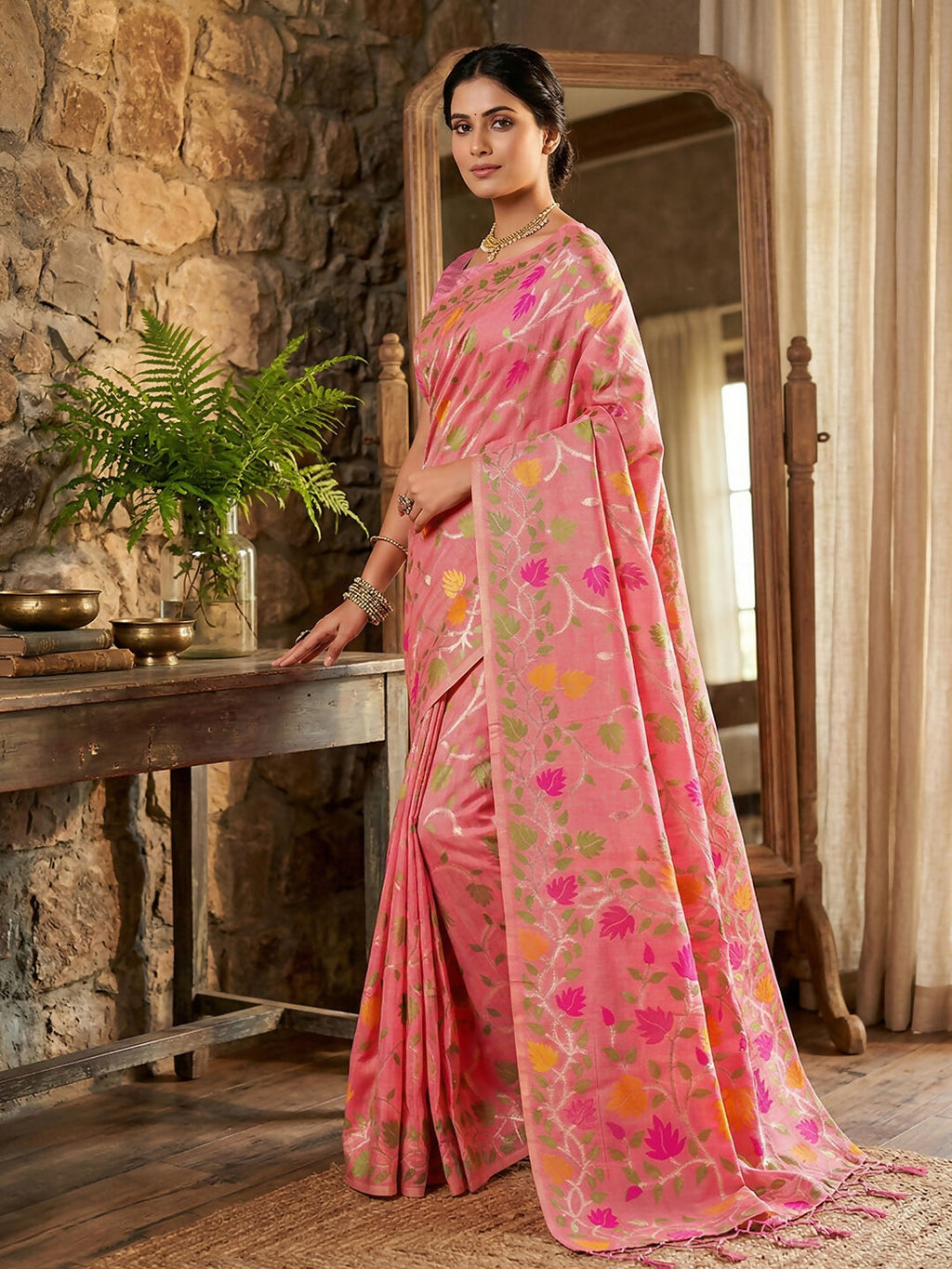 Pink Linen Cotton Saree with Matching Blouse Piece